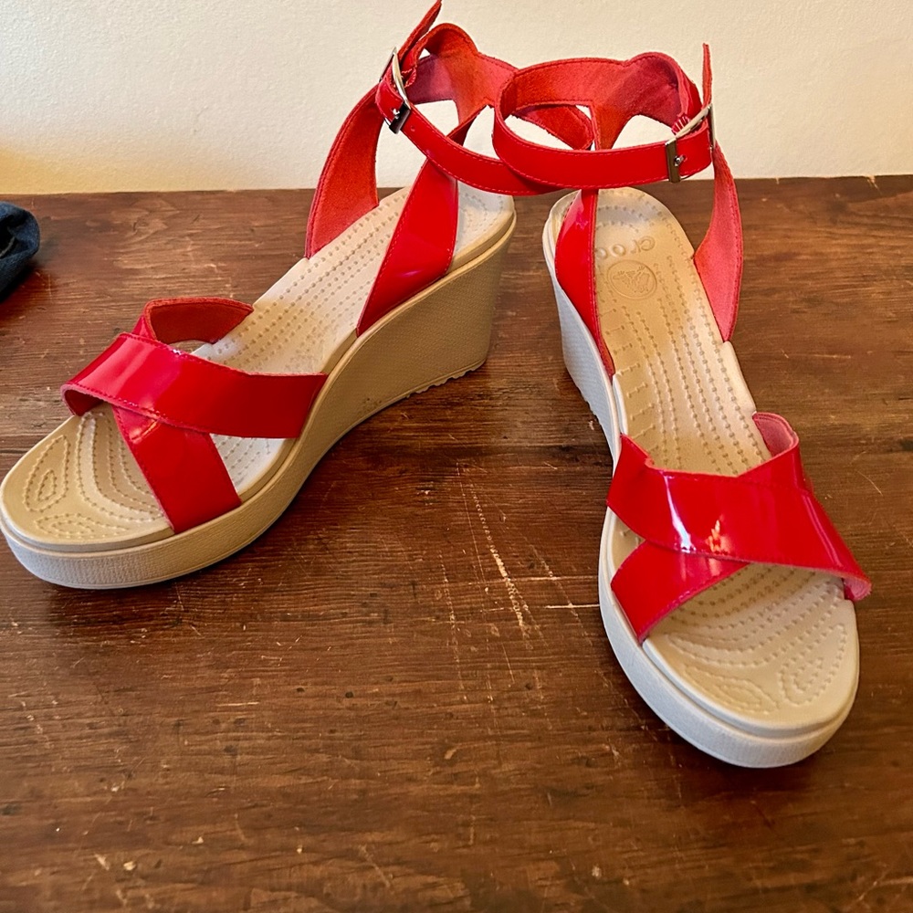 Crocs wedge sandals. Red and sassy!!